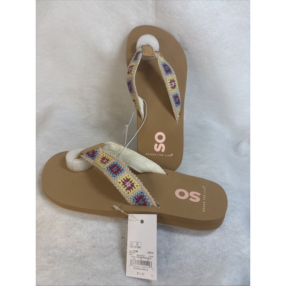 SO Bloomfield Womens Thong Sandals Size 8 Boho Crochet Woven Flip Flops Tan NWT